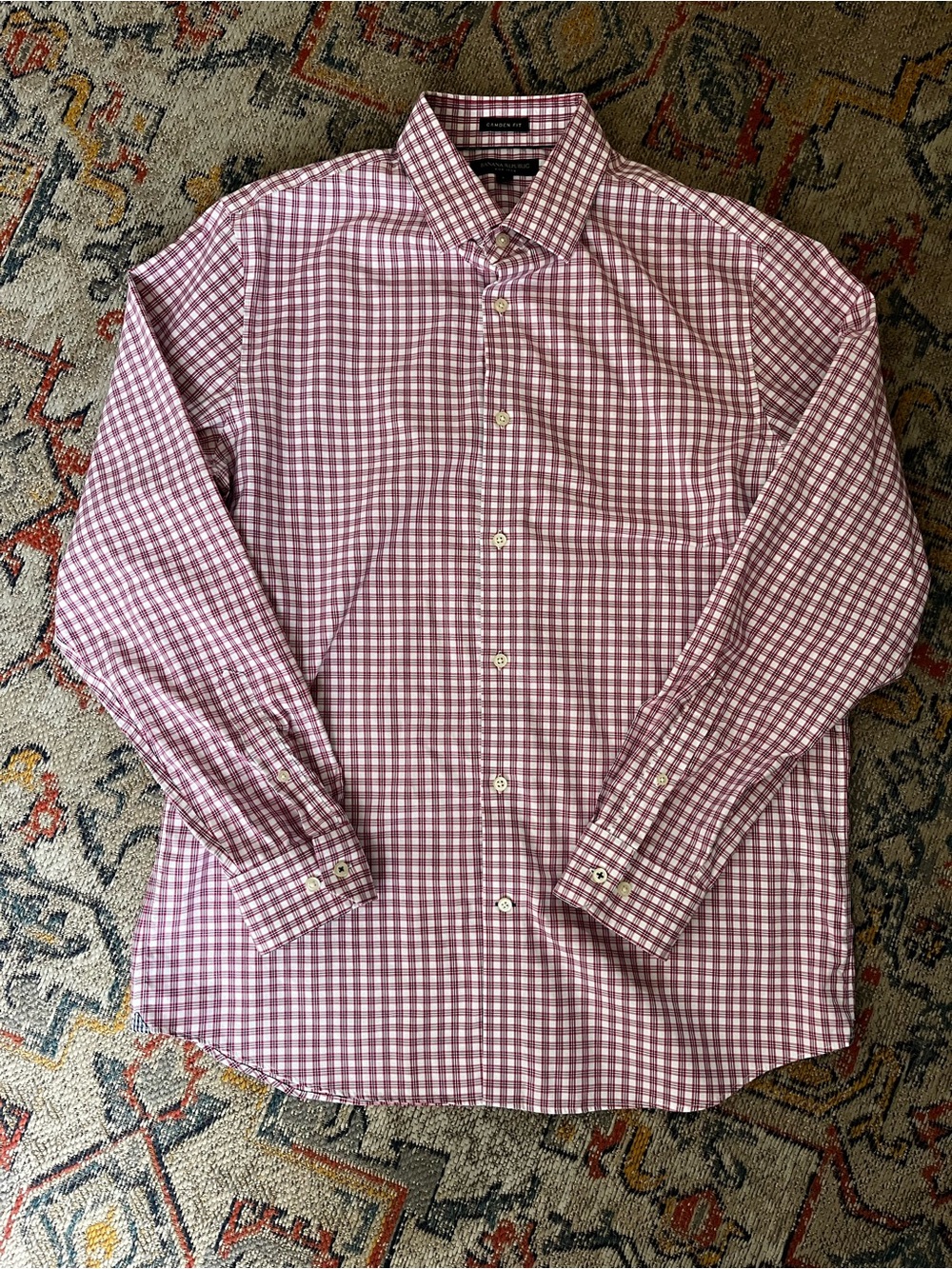 Banana Republic Men's Red and White Gingham Dress Shirt Size L Camden Fit